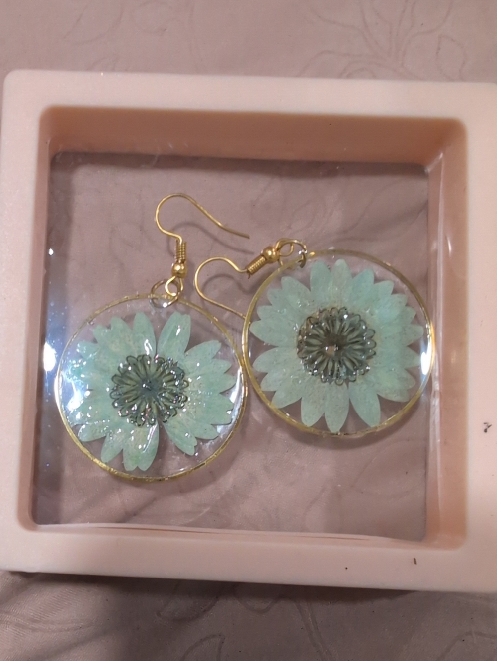 Gold Hoop Earrings with Mint Floral Resin Inlay